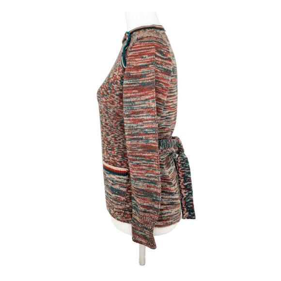 Vintage 1970s Acrylic Belted Sweater Red Orange Green White Medium Retro Knit - Picture 3 of 8